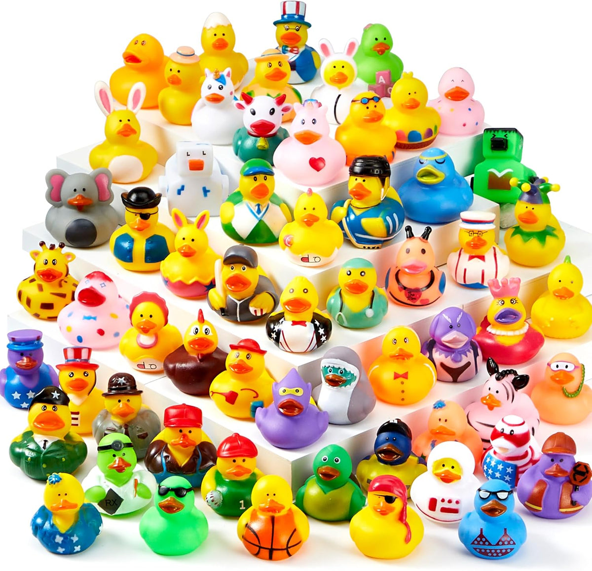 JOYIN 120 piezas de patos de goma, surtido aleatorio de patos a granel con bolsa de transporte de malla, mini patitos de goma para juguetes de baño de bebé, juguetes de verano para niños pequeños