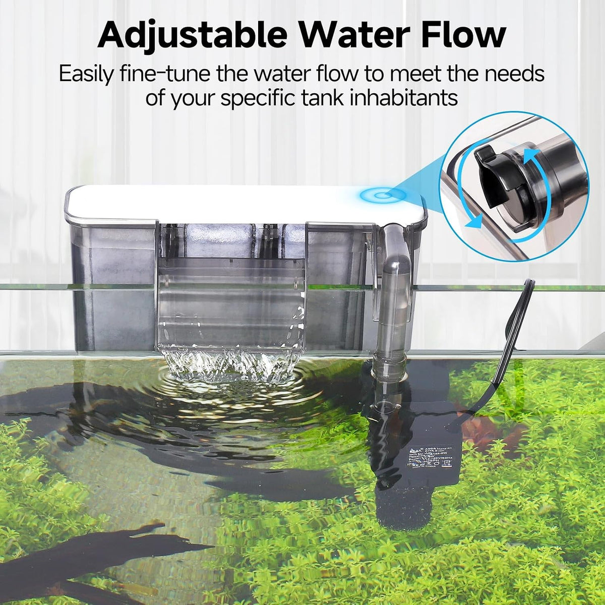 AQQA - Filtro silencioso para tanque de peces de 20-30 galones - Filtro de acuario colgante en la parte posterior con inicio automático, flujo ajustable de 6W/8W, sistema de filtro de desodorización y
