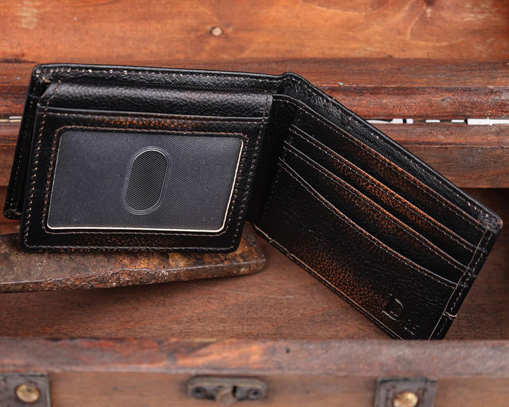 DK86 Billetera para hombre Slim Rfid Bifold Cuero Genuino 2 ID Vent...