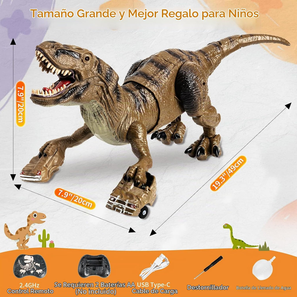 Juguetes de dinosaurio con control remoto para niños, juguetes de dinosaurio robot grandes con cabeza que se balancea 360° y rociador, dinosaurio T-Rex realista que camina y ruge, juguete de