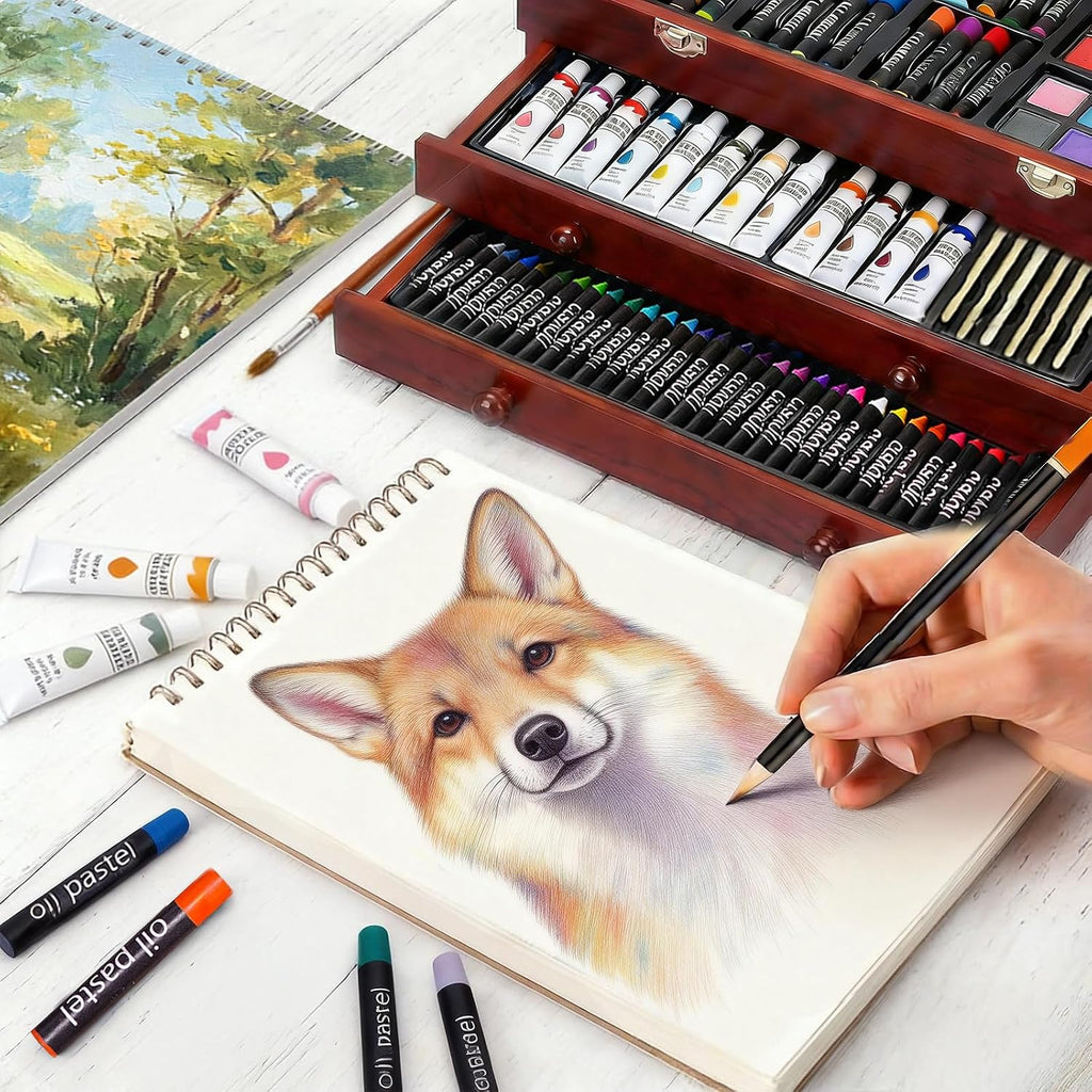 TMOL Suministros de arte, paquete de 175 juegos de arte de lujo, kit de pintura de dibujo con 2 almohadillas de dibujo, pinturas acrílicas, lápices de colores, crayones y kit de arte en estuche de