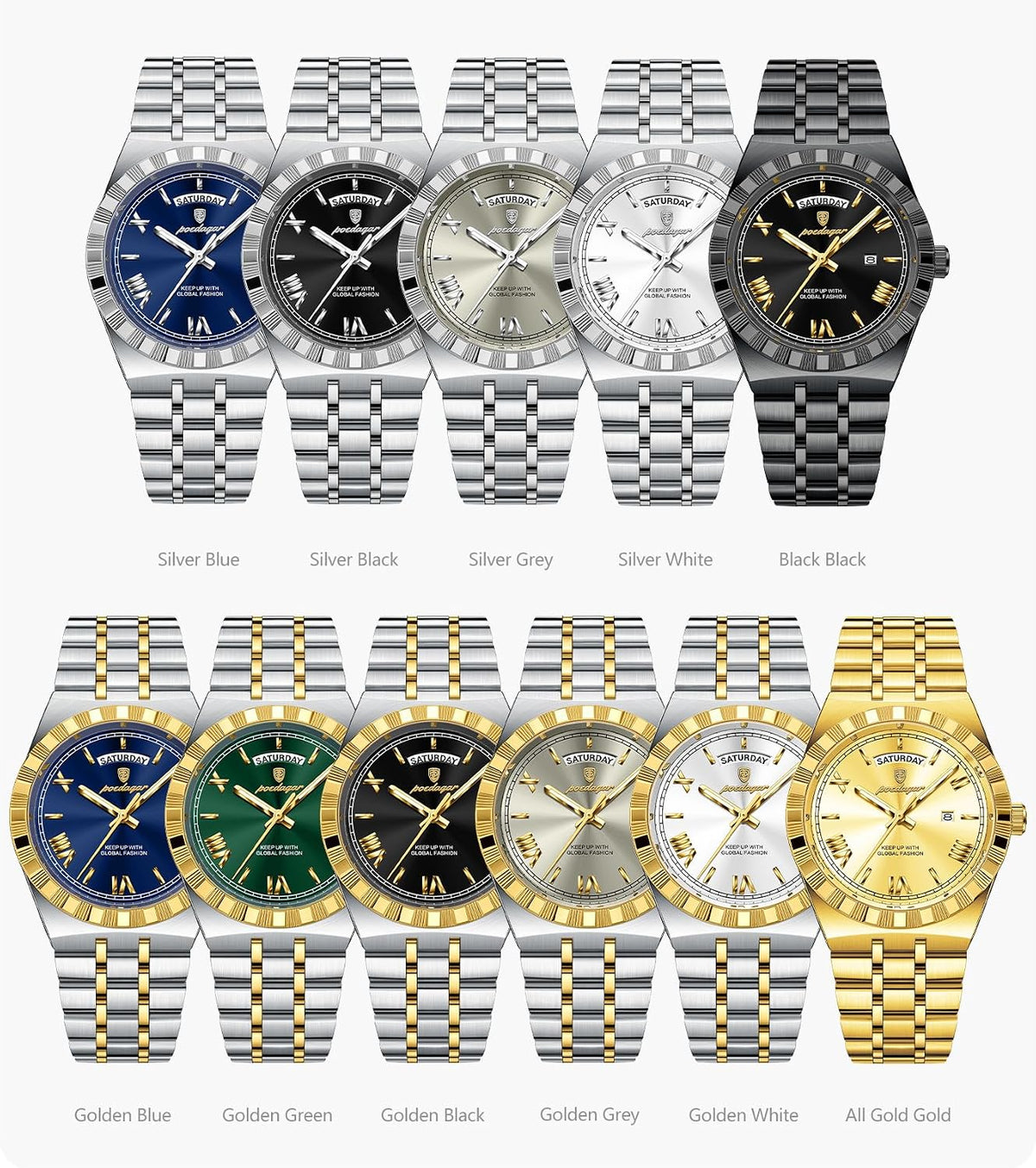 Poedagar Reloj de negocios para hombre, clásico de la semana, fecha, impermeable, luminoso, reloj de pulsera para hombre, acero inoxidable, moda de cuarzo, relojes masculinos