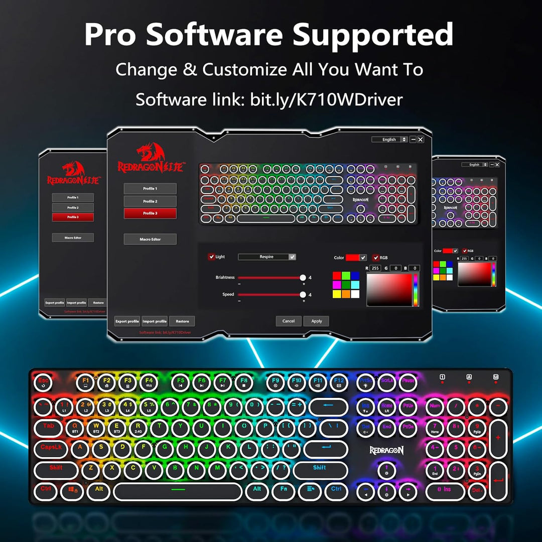 Redragon Teclado de máquina de escribir inalámbrico, teclado mecáni...