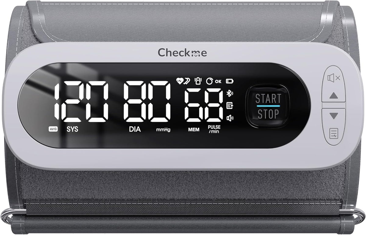 Checkme Monitor de presión arterial recargable, máquina automática de presión arterial superior del brazo, números claros grandes, modo de 2 usuarios, 2 x 199 recuerdos, puño grande, almacenamiento ilimitado en la nube a través de la aplicación Bluetooth