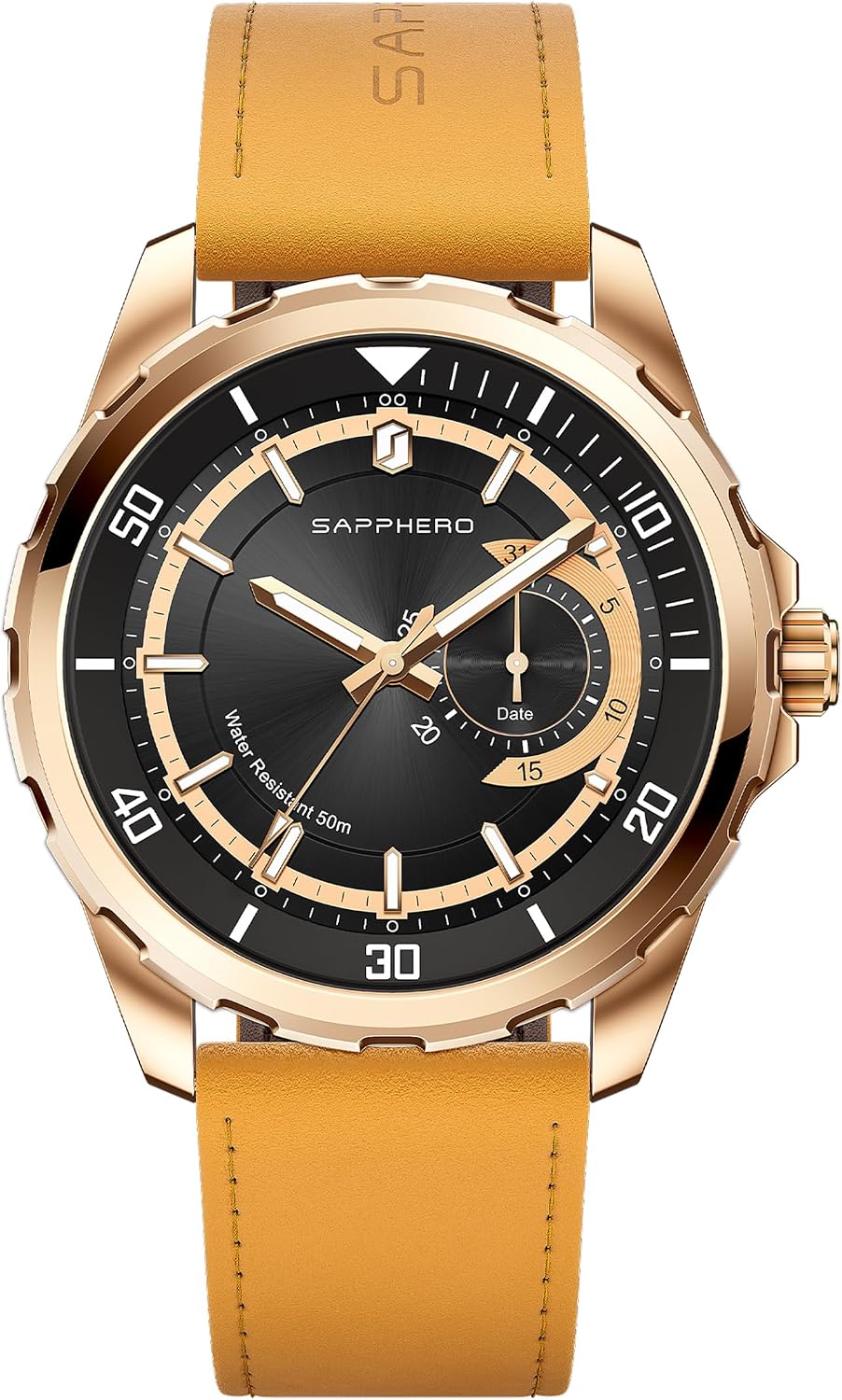 SAPPHERO Reloj para hombre con subesfera de fecha/esfera de números arábigos, cuarzo analógico, correa de acero inoxidable/piel, 164 ft impermeable, reloj de pulsera de vestir casual para trabajo de