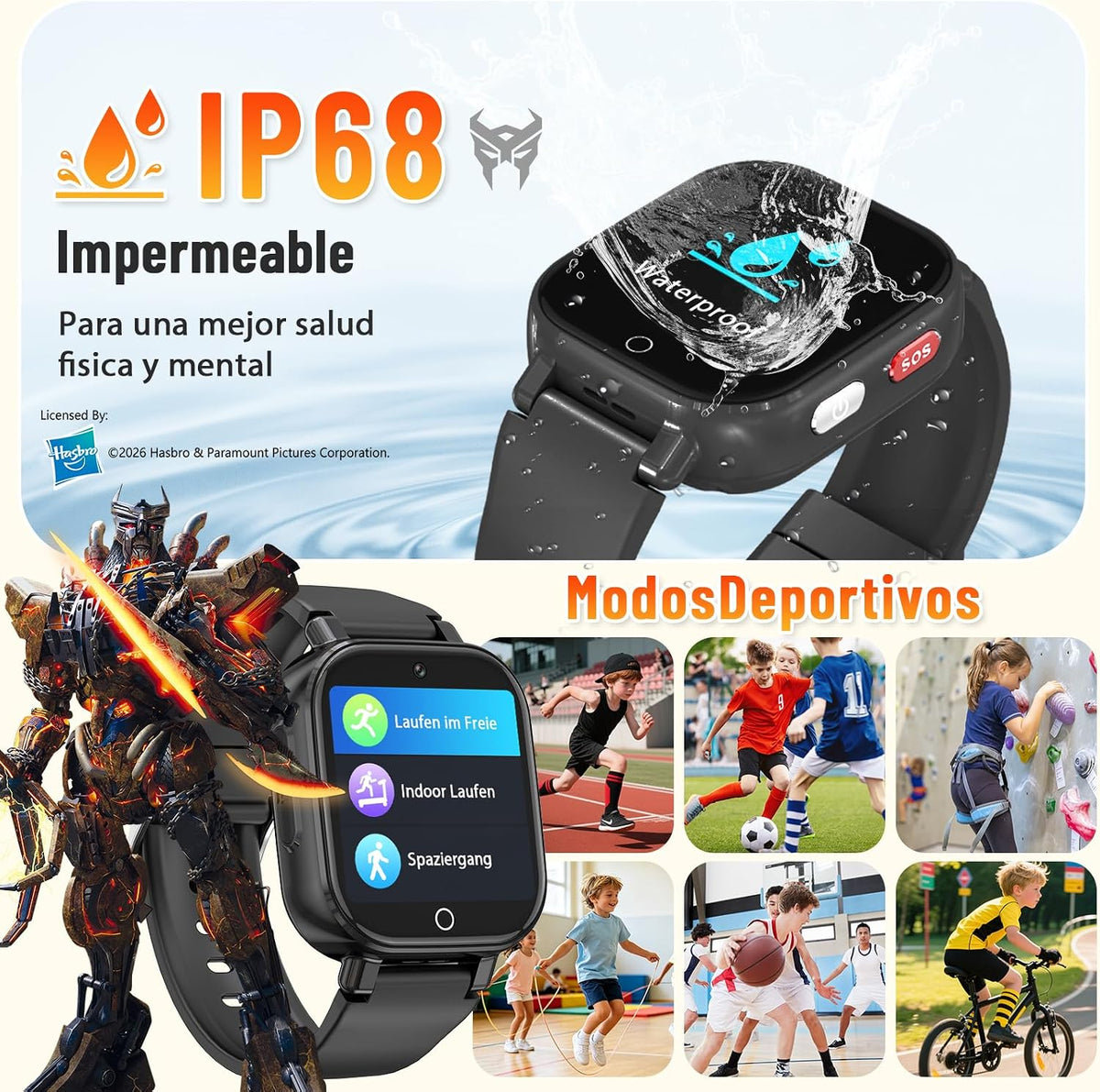 Reloj inteligente teléfono 4G para niños Transformers, GPS, videollamadas, resistente al agua - Negro