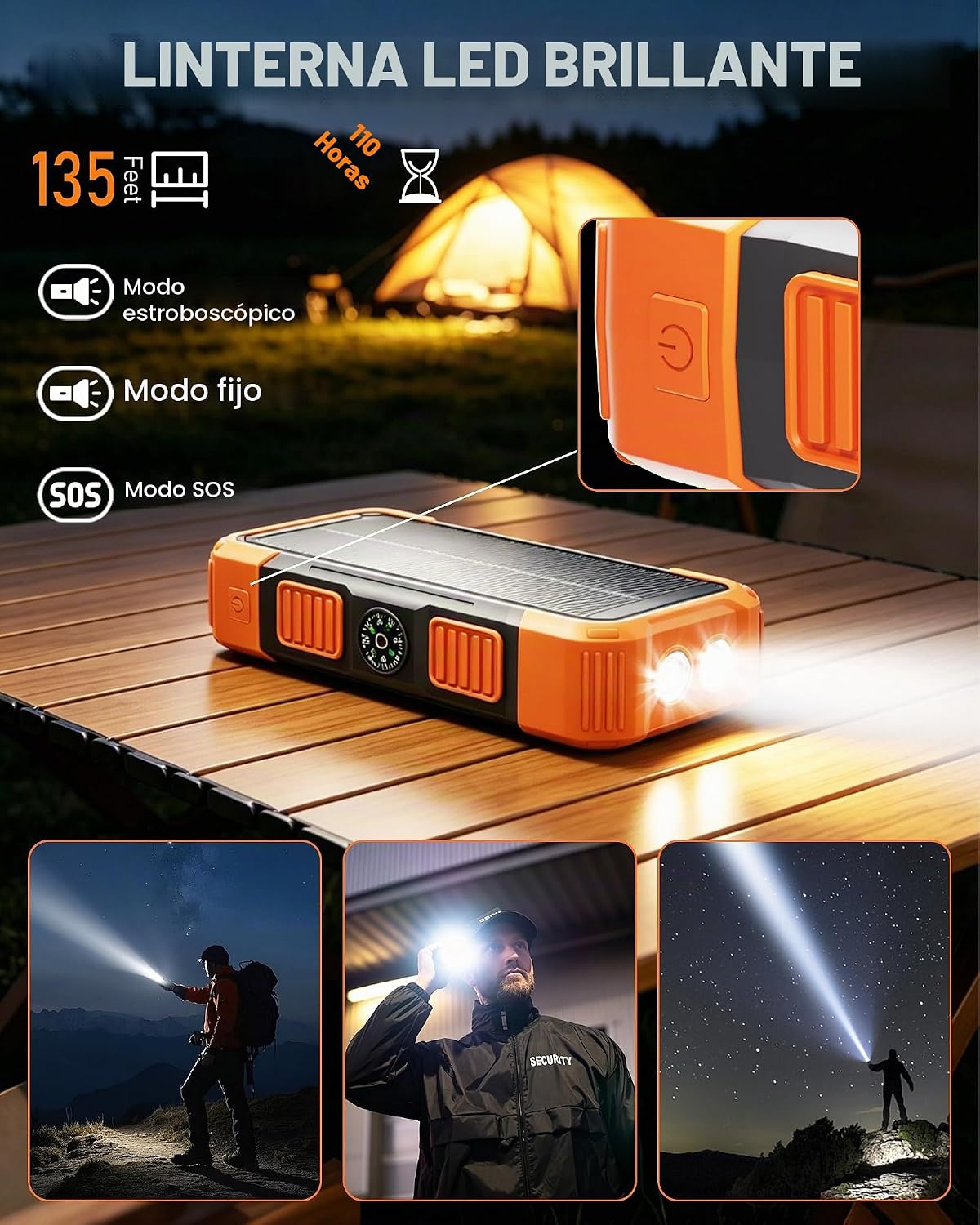 GULLVEN Cargador solar de 20000 mAh con 3 cables integrados, cargad...