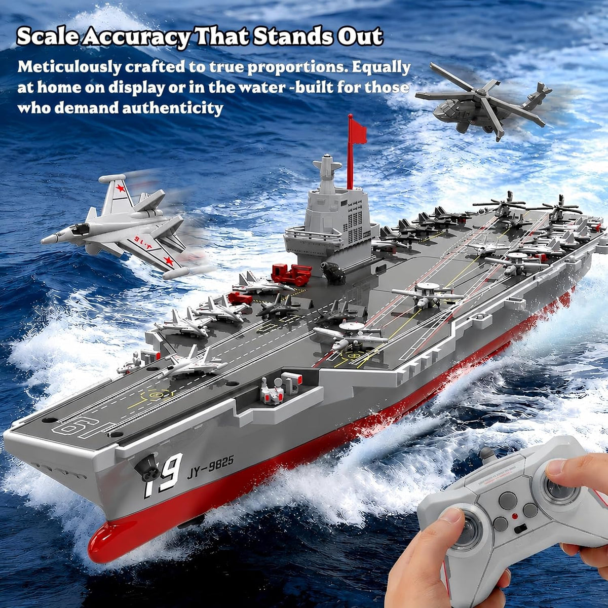 Barco a control remoto con rociador de agua, buque de guerra de 16 pulgadas con 2 baterías recargables, 15 mph de doble motor a control remoto barco militar para piscina y lago, muestra un