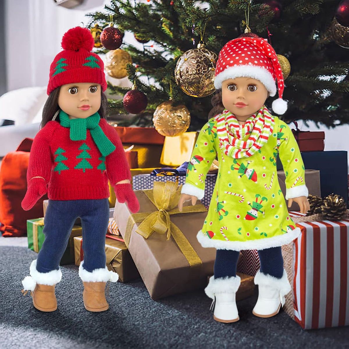 UNICORN ELEMENT 2 juegos de ropa y accesorios para muñecas de Navidad de 18 pulgadas, disfraz de Papá Noel de Navidad, incluyendo vestido de Navidad, suéter, horquilla, sombrero, bufanda, botas, etc