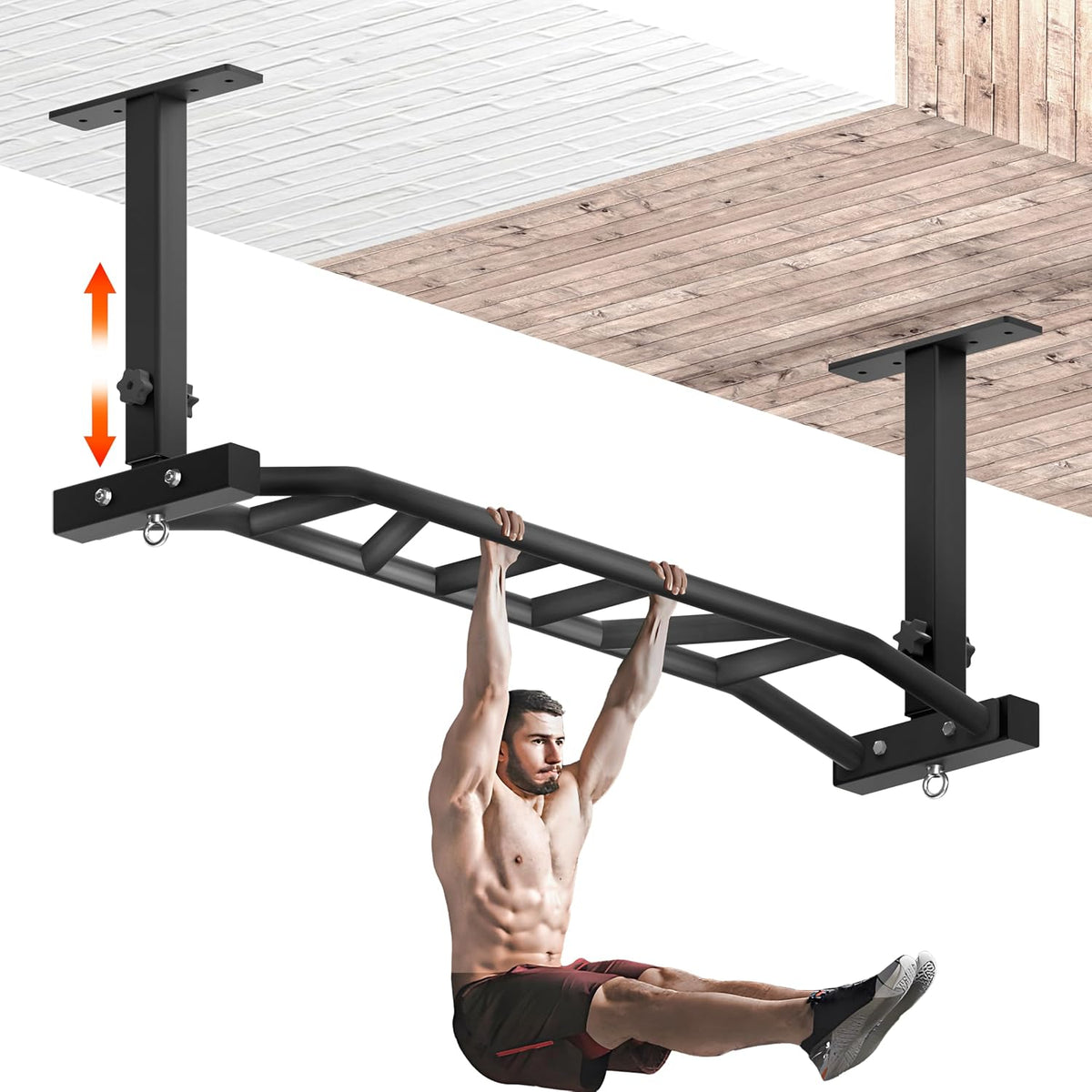 Barra de dominadas de montaje en techo de 48 pulgadas, barra de dominadas de agarre múltiple resistente para garaje, gimnasio en casa y entrenamiento de fuerza, altura ajustable y soporta