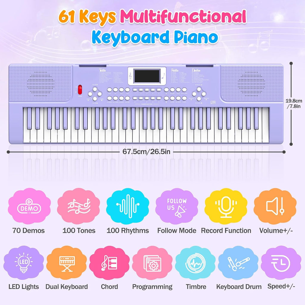 Teclado de piano para niños de 61 teclas con teclas iluminadas, modo de enseñanza, altavoz dual