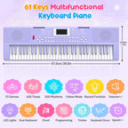 Teclado de piano para niños de 61 teclas con teclas iluminadas, modo de enseñanza, altavoz dual