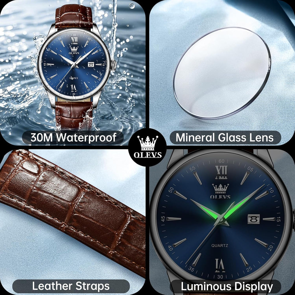 OLEVS Relojes de cuero para hombres 3ATM a prueba de agua Esfera grande