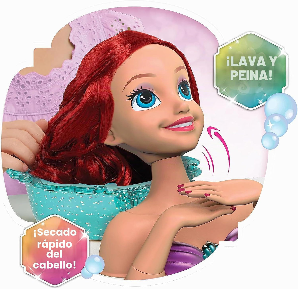 Disney Princess Shimmer Spa Ariel - Cabezal de peinado de 8 pulgadas, 20 piezas, pelo rojo, juego de simulación, juguetes para niños a partir de 3 años Just Play