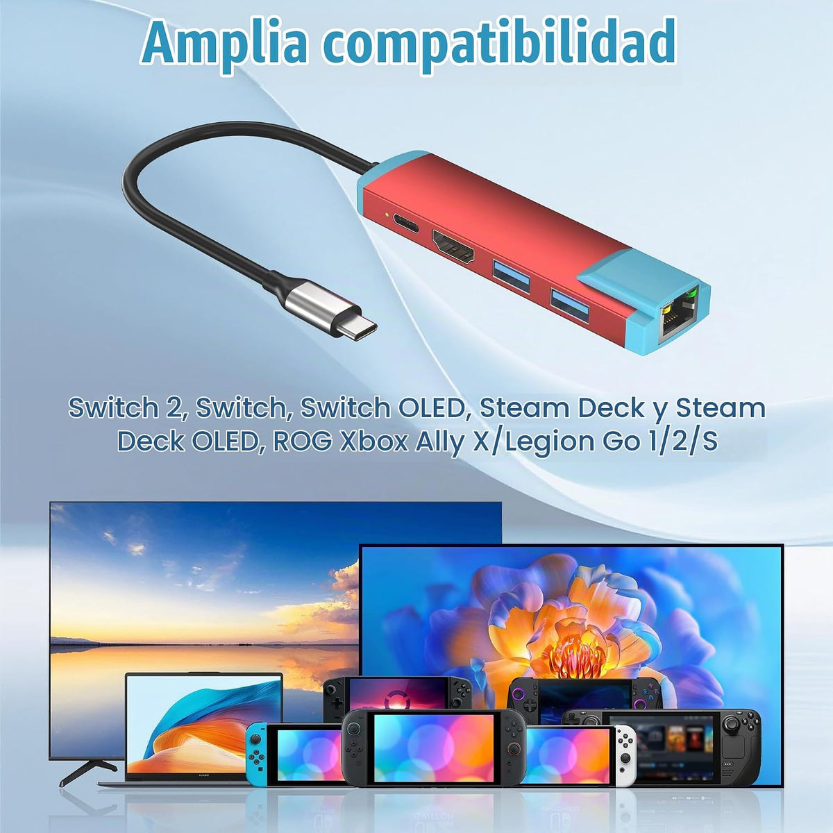 Conmutador USB-C 2, adaptador HDMI 4K @60Hz con puerto PD/USB 3.0/Gigabit Ethernet, base de repuesto para Switch/Switch OLED/Steam Deck/ROG Ally/Xbox Ally/Legion Go