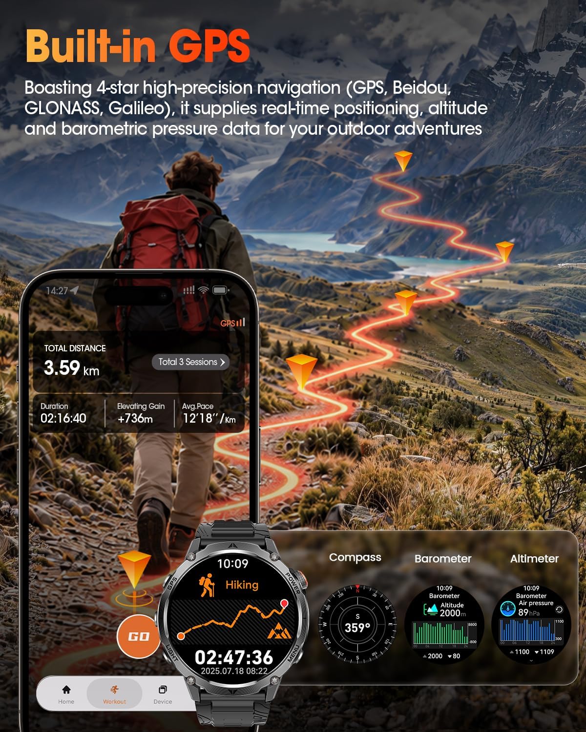 Reloj inteligente militar con GPS incorporado para hombres, reloj