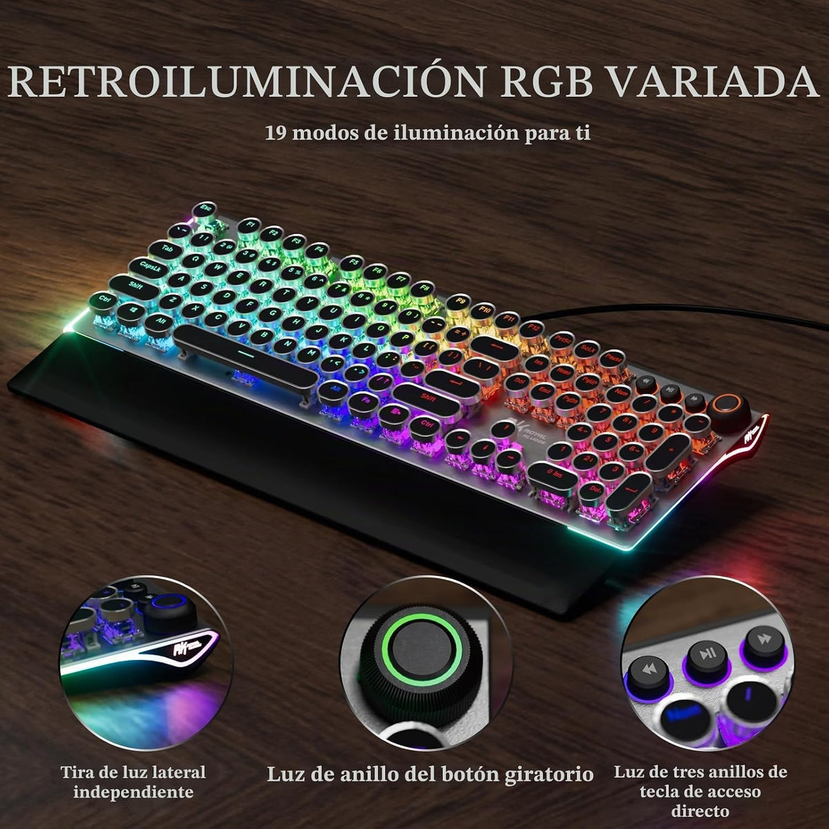RK ROYAL KLUDGE Teclado de máquina de escribir X108 con perilla, teclado mecánico para juegos con cable, luz lateral retroiluminada RGB, reposamuñecas desmontable, teclas redondas retro, interruptores