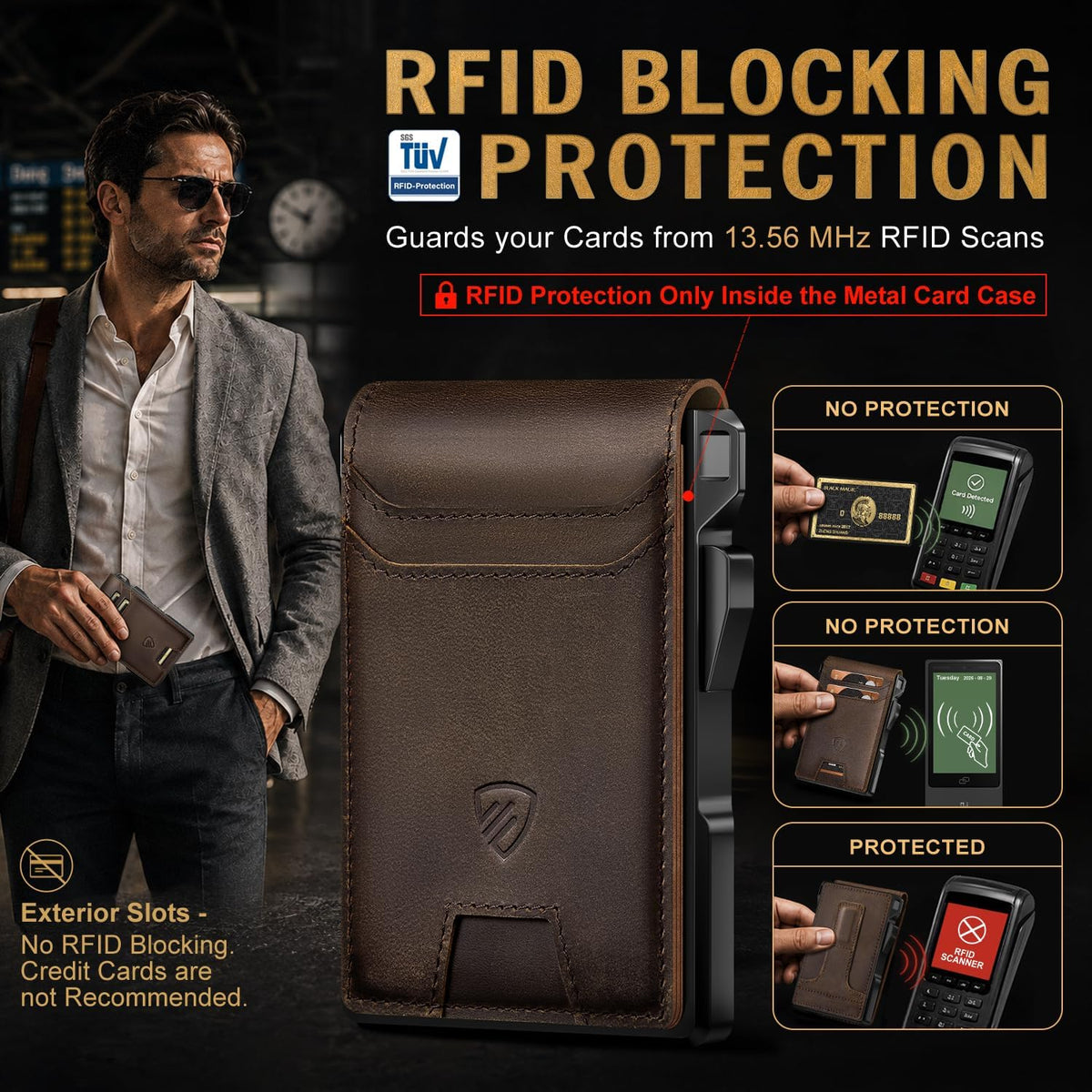 RUNBOX Cartera plegable de cuero genuino para hombres, tarjetero delgado