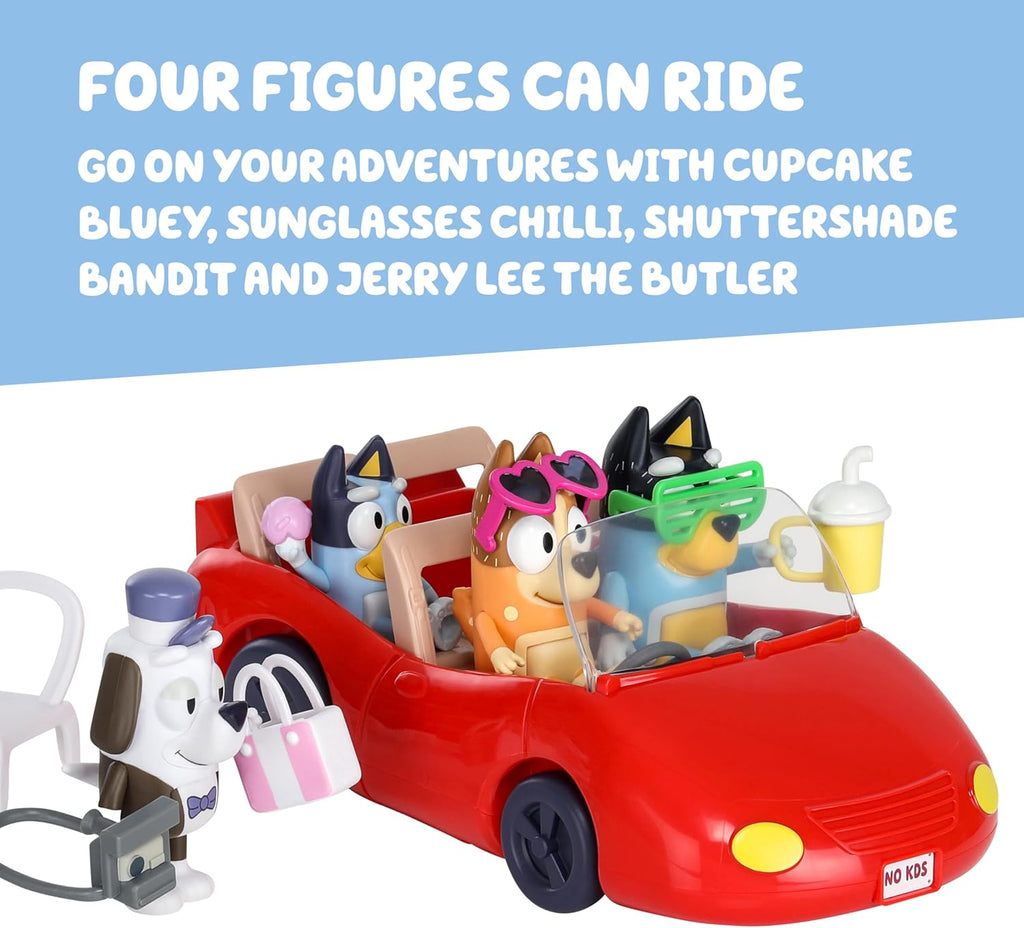 Bluey Escape Coche de juguete convertible, 4 figuras y 9 accesorios