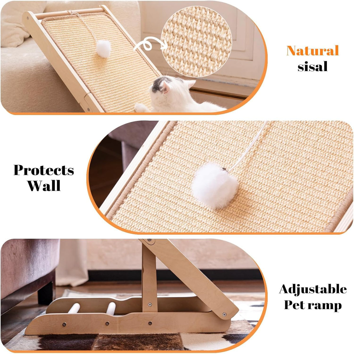 Rampa de Acariciador de Gato de Sisal con Forma de L en L - Poste de Rasguño Ajustable