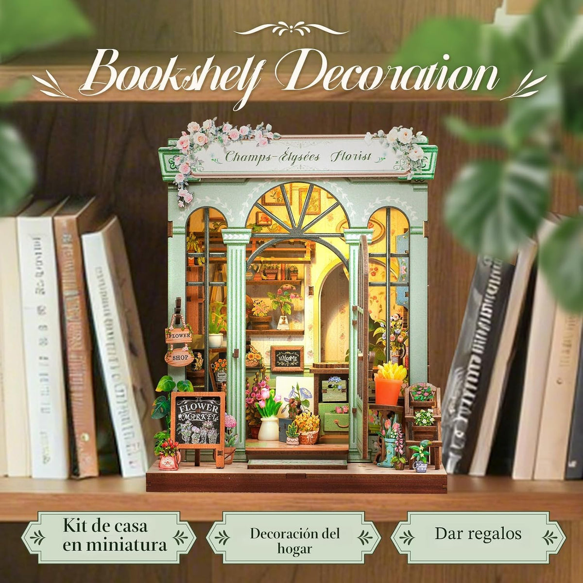CUTEBEE Kit de rincón de libros - Kit de casa de muñecas en miniatura DIY para adultos y adolescentes, rompecabezas de madera 3D, estantería de casa pequeña Booknook, regalos para la familia (Florista