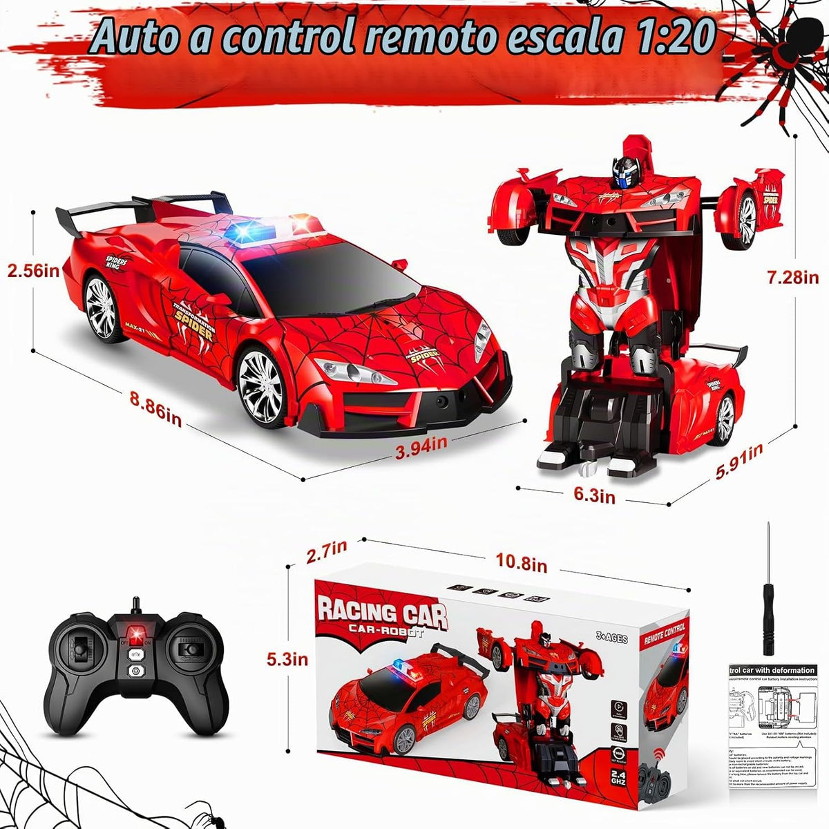 Coche teledirigido de araña con luz de policía, transformando coches RC