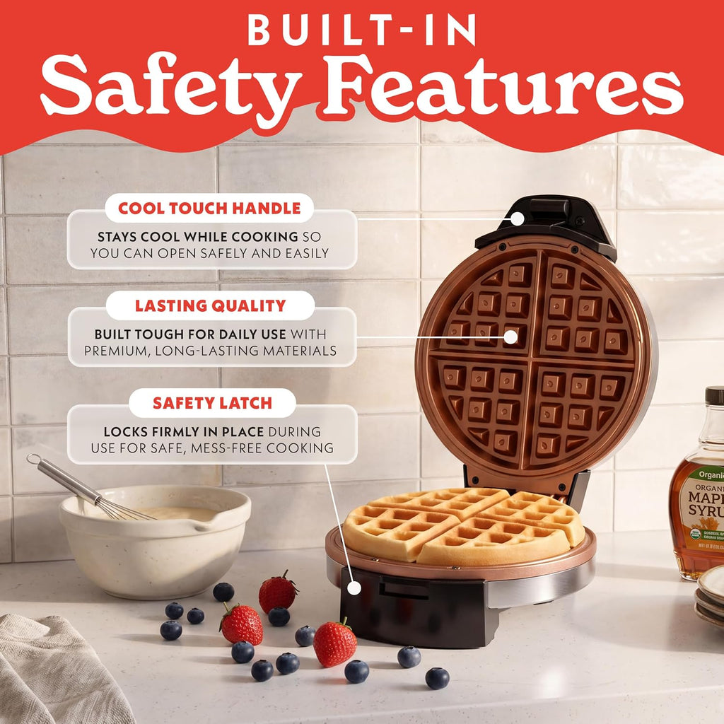 Gourmia - Máquina de waffles belga con control de tostado ajustable, placas antiadherentes, luces indicadoras de lista y potencia, almacenamiento vertical compacto, asa de tacto frío