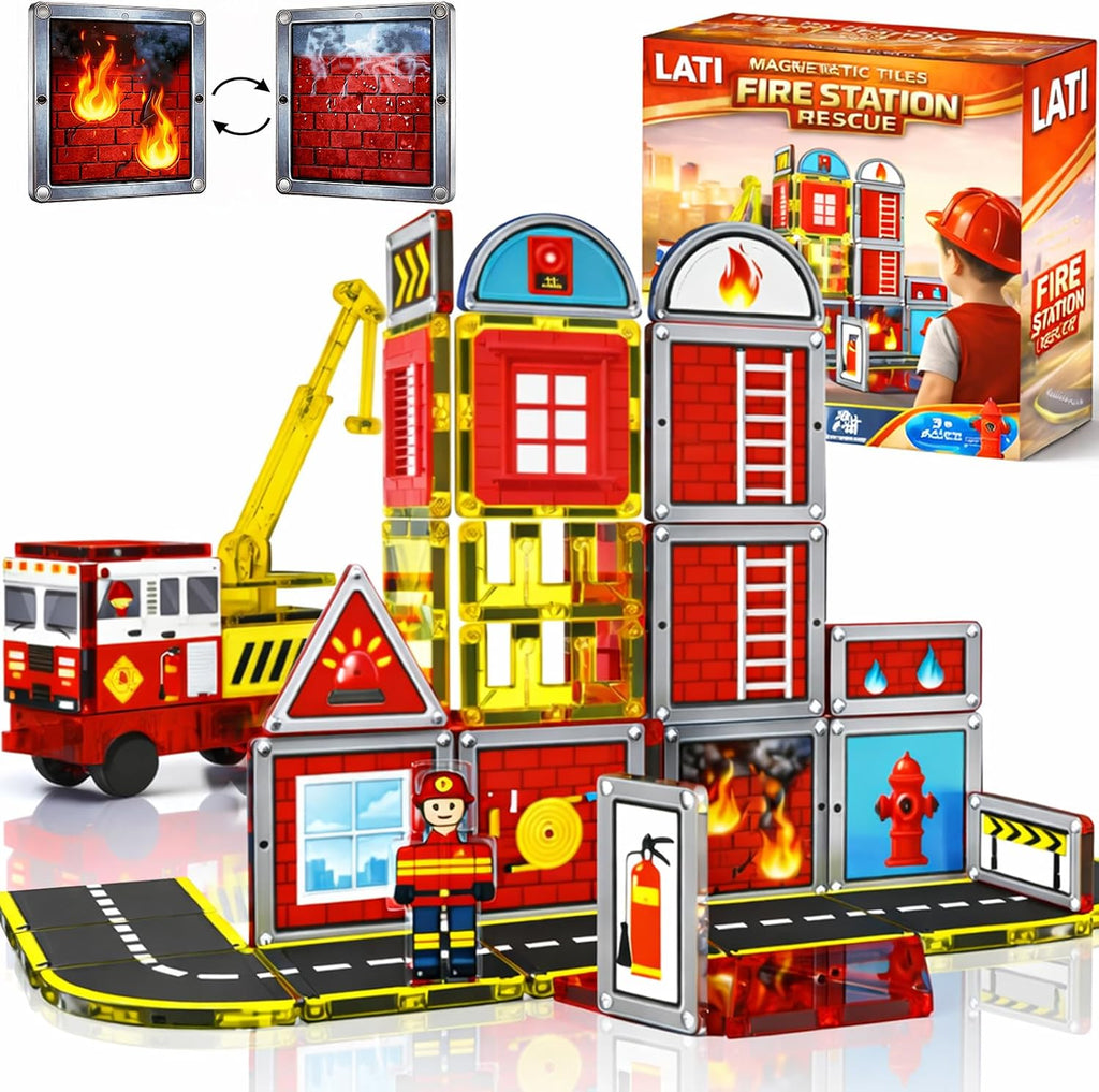 LATI Azulejos magnéticos de rescate de incendios para niños con camión de