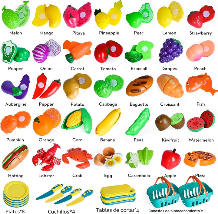 100 PIEZAS Juguetes de Comida para Cortar para Cocina Infantil, Jug...