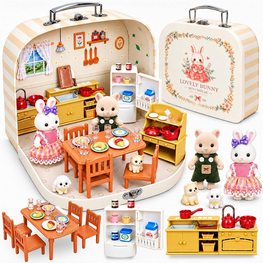 Juego de maletas de muebles de cocina para niños, 2 muñecas flexibles de