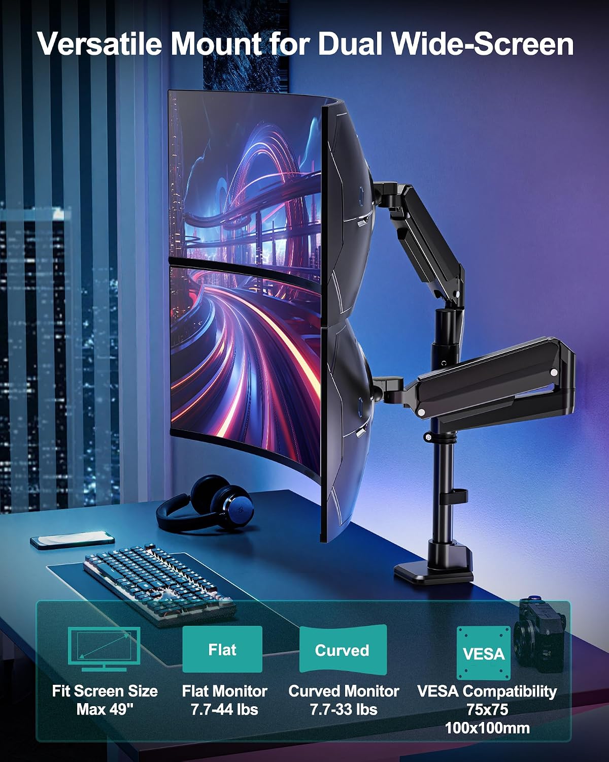 Brazo de monitor dual MOUNT PRO para pantallas ultraanchas de hasta 49" de