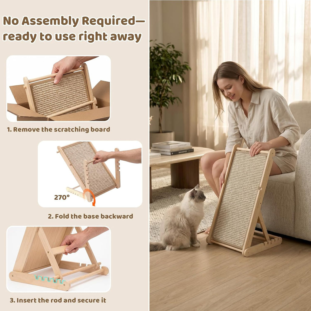 XiaZ Rascador de sisal para gatos, tabla de rascar de madera de 31 pulgadas con 5 alturas ajustables, alfombrilla de sisal reemplazable y almohadilla angular para arañazos para gatos de interior