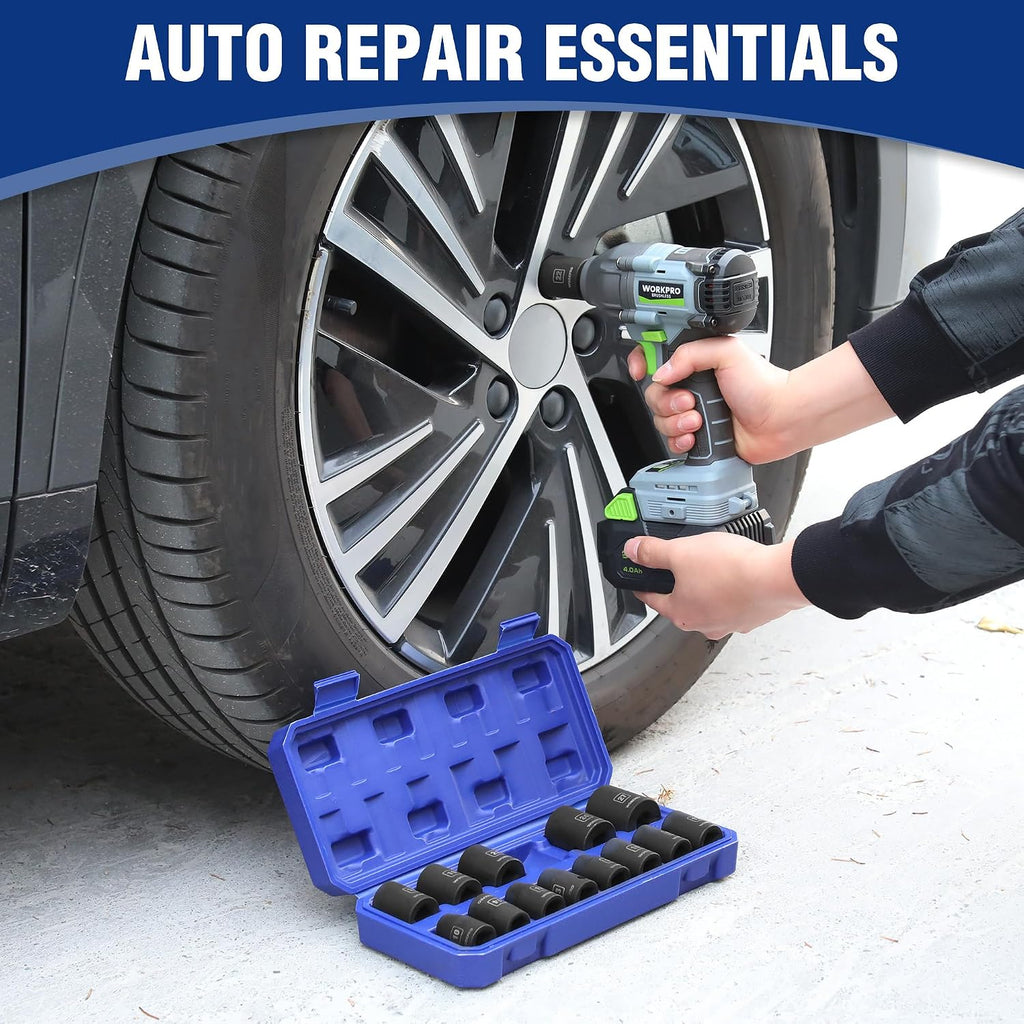 WORKPRO Juego de llaves de impacto poco profundo de 1/2 pulgada, juego de llaves de 6 puntas de acero Cr-V métrico con estuche de almacenamiento para mantenimiento y reparaciones automotrices (14