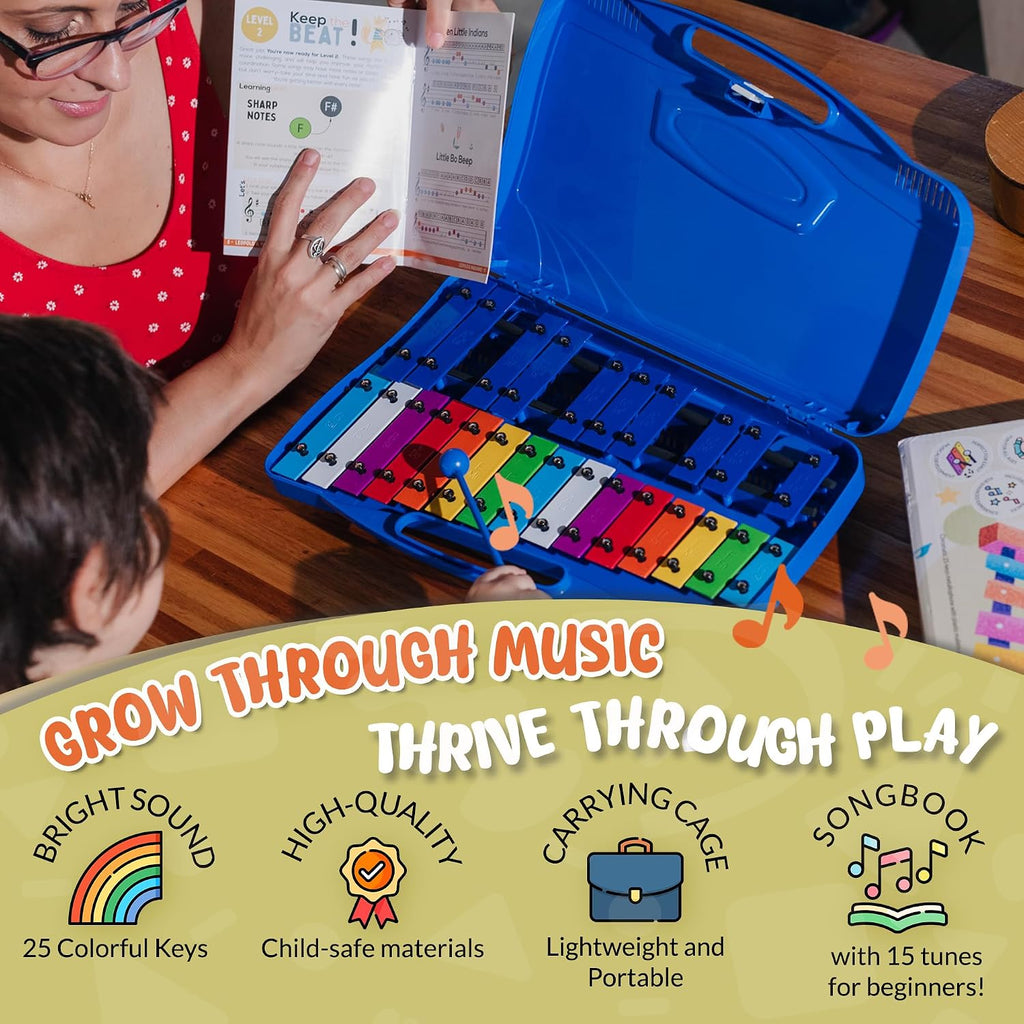 Glockenspiel - Xilófono para niños, instrumento musical cromático de 25 notas con libro de canciones y videos de reproducción, teclas de metal codificadas por colores