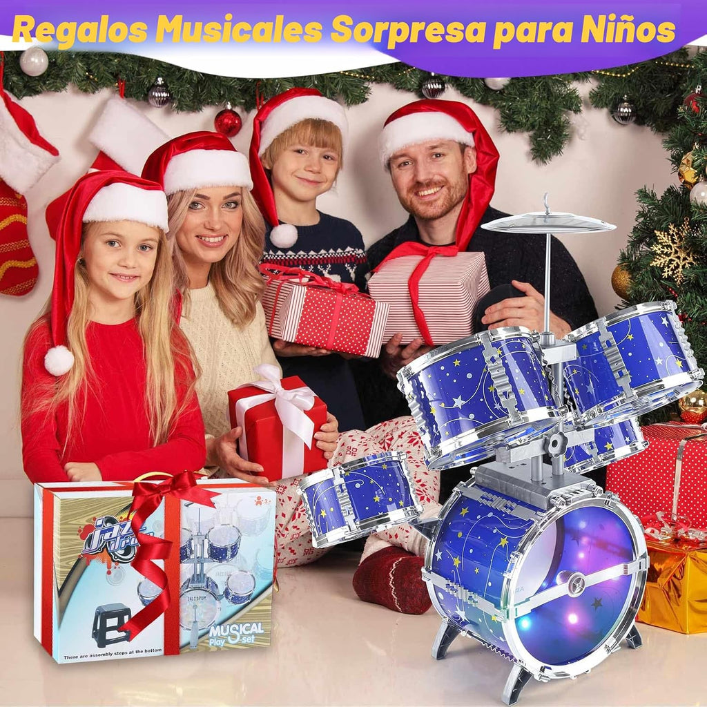 Juego de batería para niños de 1 a 3 años, batería de jazz para niños de 3 a 5 años, juguetes de instrumentos musicales con luz de estrellas para niños y niñas de 2-5, 4, 6, 5-7 (todo de plástico)