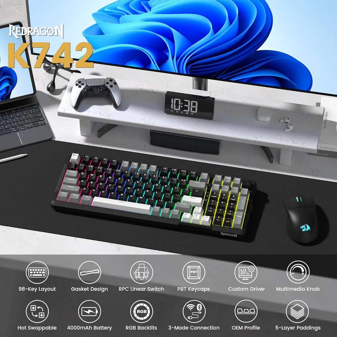 Redragon K742 Teclado Mecánico Inalámbrico para Juegos con Perilla,...