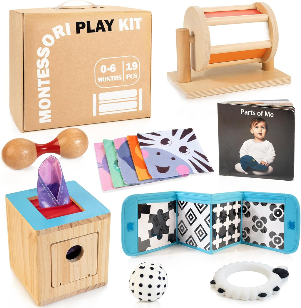 WOODMAM - Juguetes Montessori para bebés de 0 a 6 meses, kit educativo 9 en 1