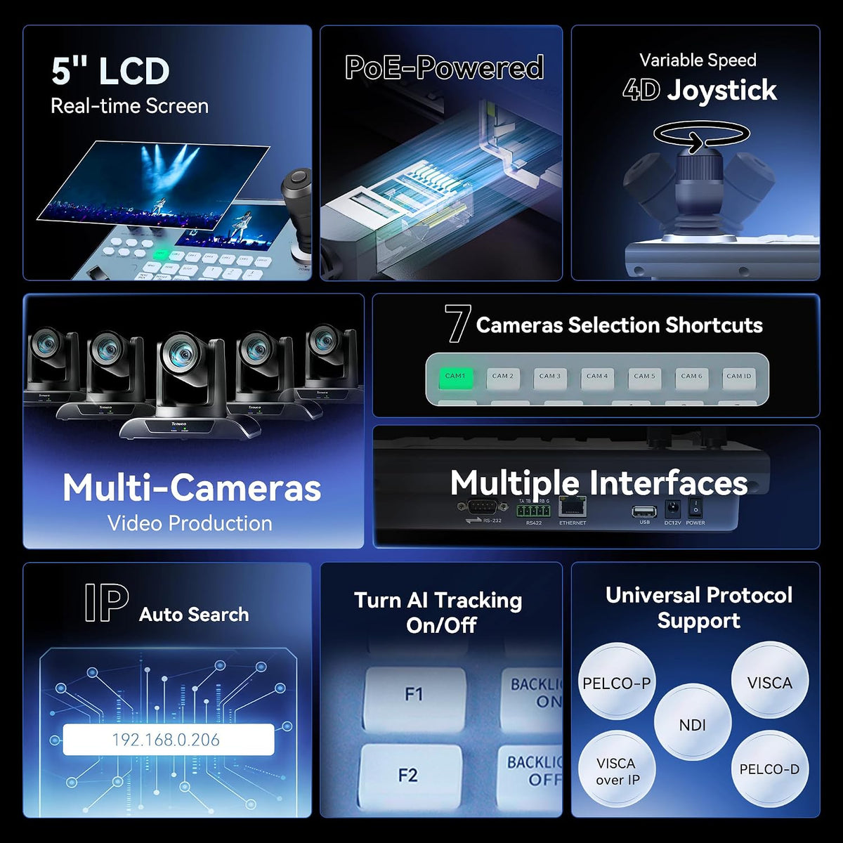 Tenveo Paquete de cámara y controlador PTZ 4K NDI PTZ, 30X 4K 60FPS AI seguimiento automático NDI SDI/HDMI/USB3.0/LAN (PoE) Cámara PTZ (*4) y controlador de joystick NDI PTZ para eventos de adoración