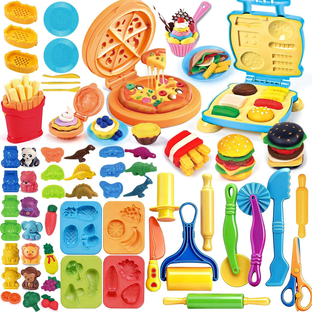 Juego de herramientas para masa, 42 piezas de accesorios de masa con hamburguesas, pizza y papas fritas, moldes de animales y frutas, rodillos, cortadores, sellos, tijeras de seguridad y juguetes de
