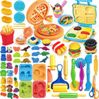 Juego de herramientas para masa, 42 piezas de accesorios de masa con hamburguesas, pizza y papas fritas, moldes de animales y frutas, rodillos, cortadores, sellos, tijeras de seguridad y juguetes de