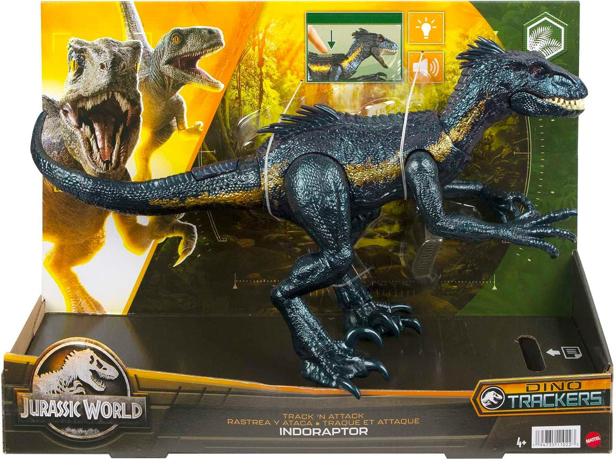 Mattel Jurassic World Figura de dinosaurio Indoraptor Track N Attack con equipo de seguimiento y 3 características de ataque, regalo de juguete con juego físico y digital