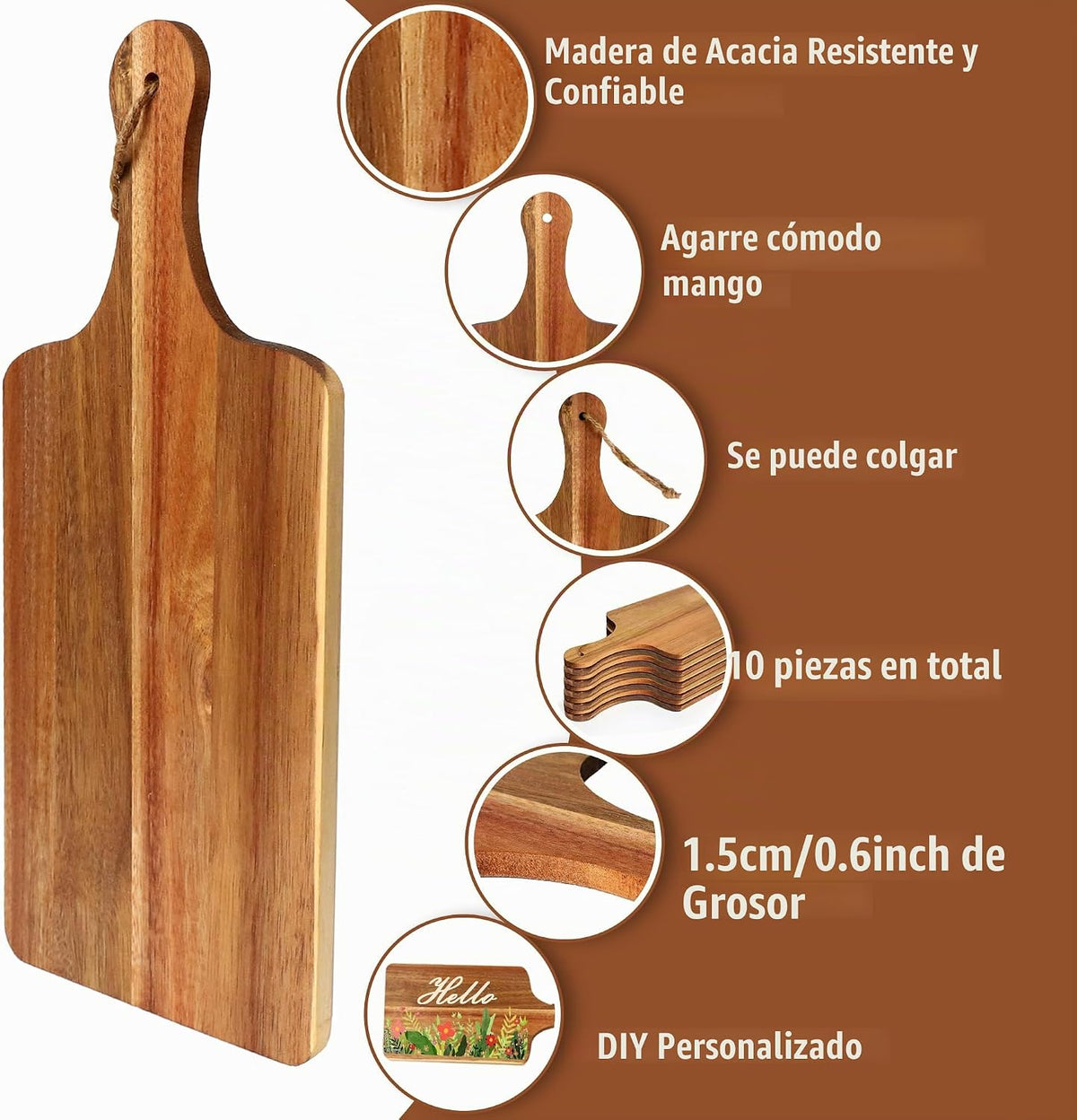12 paquetes de tablas de cortar de madera de acacia, tabla de cortar lisa de 12 x 6 pulgadas con asas, tabla de cortar de madera para cocina, tabla de cortar a granel con cuerda y cinta a cuadros para verduras, carne, pizza, queso, pan de frutas