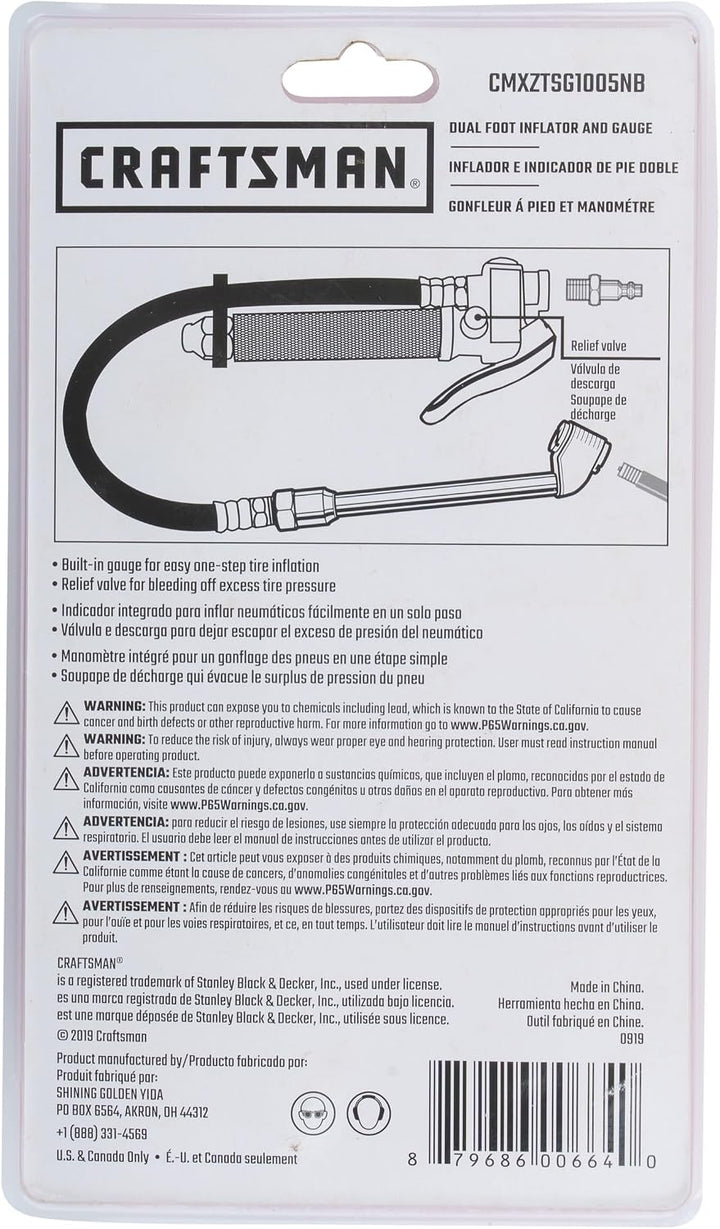 CRAFTSMAN Inflador y medidor de doble pie, 20-120 PSI, válvula de a...