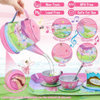 Juego de fiesta de té para niños de 3 a 5 años, juego de té musical de 53 piezas para niñas pequeñas con postres, galletas, donas, pastel, soporte para pastel, mantel y estuche de transporte, juguetes