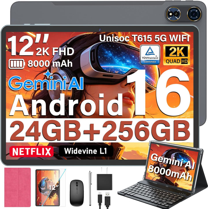 2026 Tableta Android 16 de 12 pulgadas con teclado, expansión de 24...