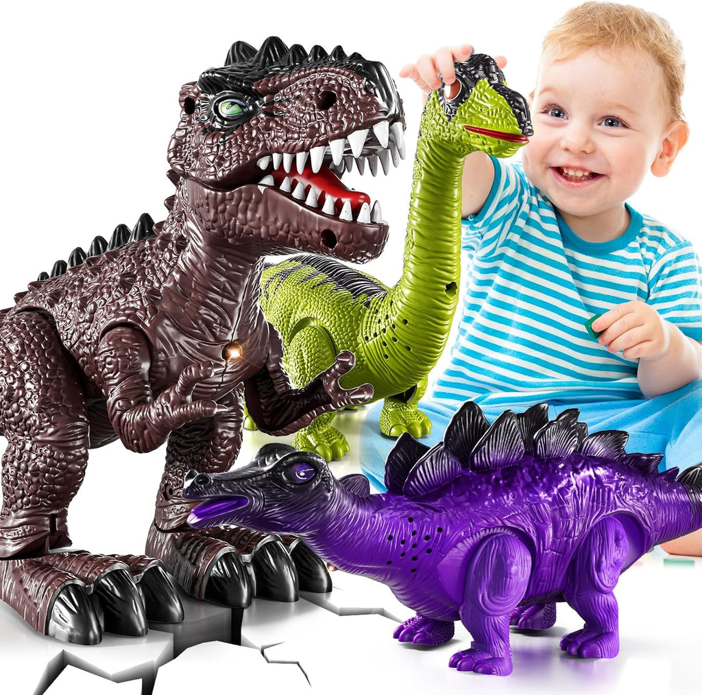 Paquete de 3 juguetes electrónicos de dinosaurio caminante para niños de 3 a 5 años, juguetes de dinosaurios en movimiento con luces, sonidos rugientes, T-Rex, braquiosaurio y estegosaurio