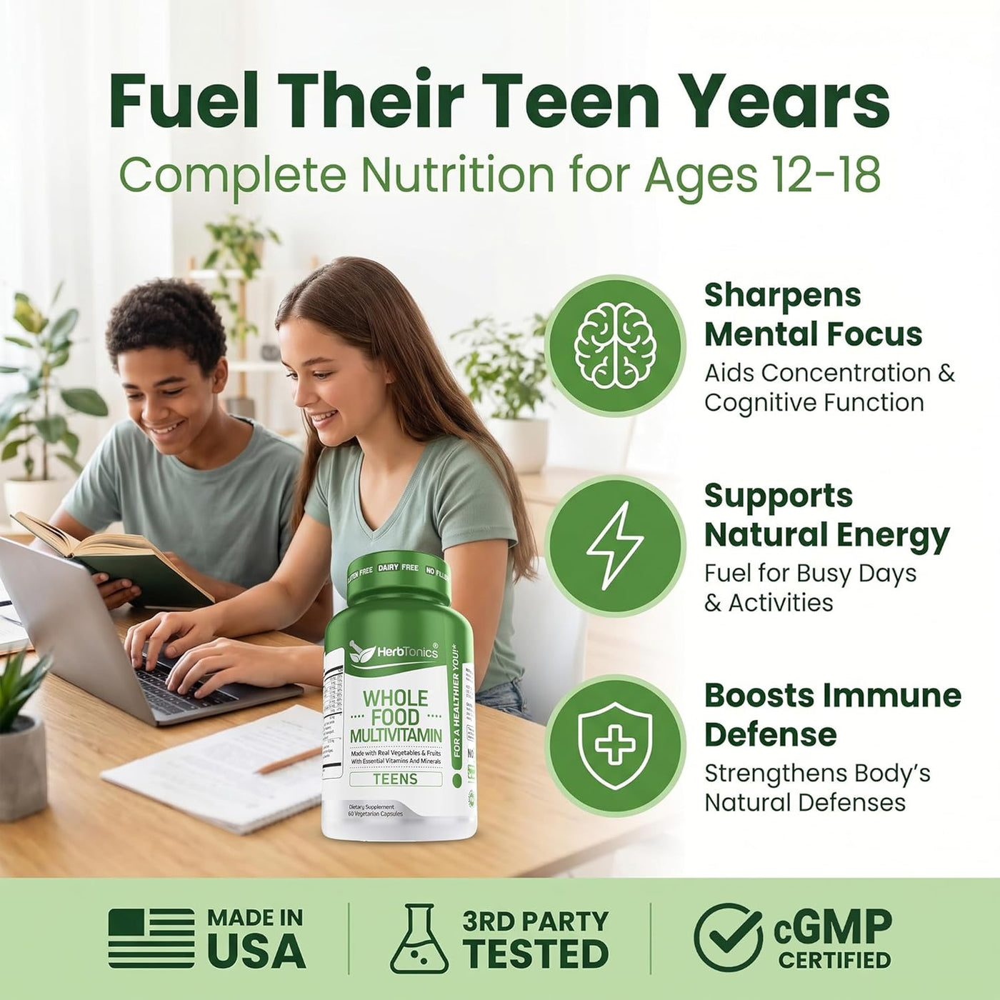 Herbtonics Whole Food Vitaminas adolescentes para energía, concentr...