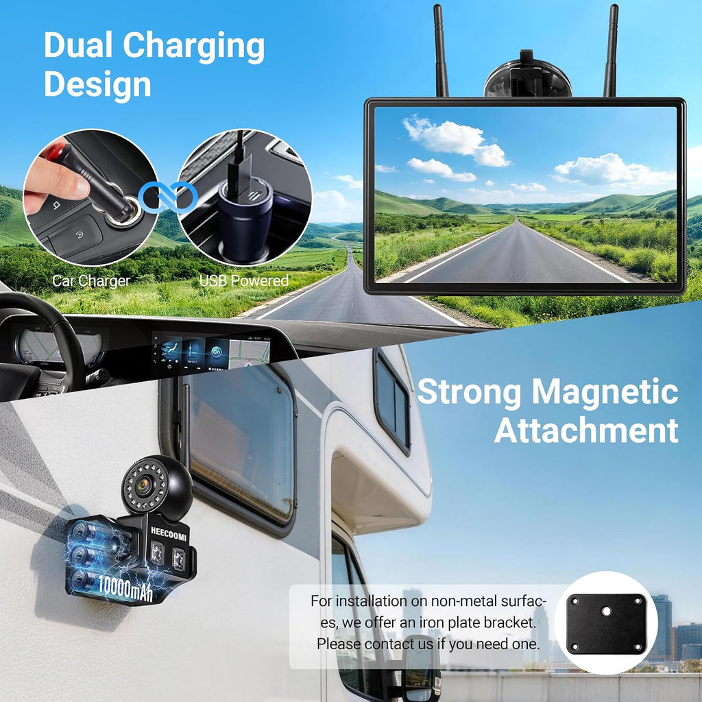 3 cámaras magnéticas solares inalámbricas de respaldo, lente giratoria de 360° + DVR de pantalla táctil HD de 10.1 pulgadas, 3 x 1000 mAh recargable IR trasera + cámaras de visión lateral
