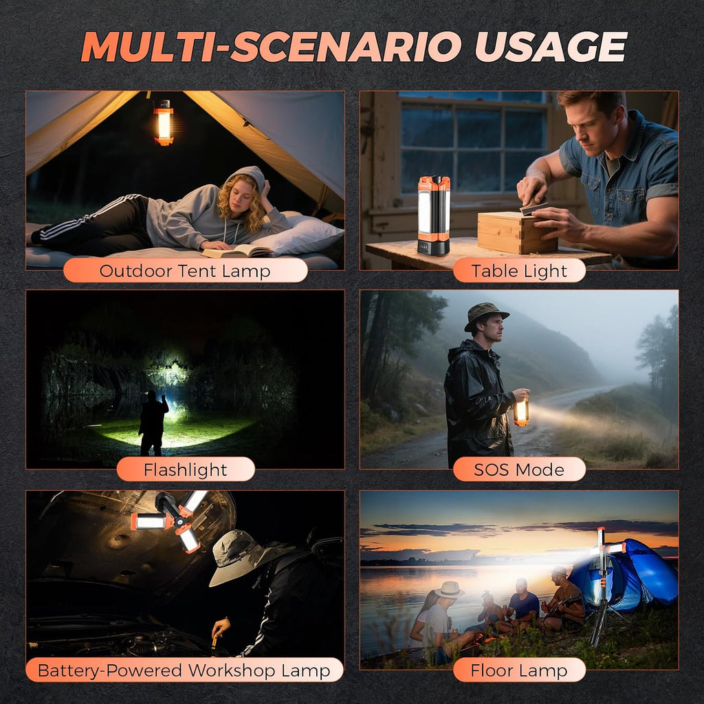 Lámpara SakerPlus Luz de campamento portátil con soporte, luz de trabajo al aire libre de 20000 mAh, 800-3200 lúmenes, altura de 6.1 pies con trípode desmontable, LED regulable de 3300 a 6500 K, linterna de