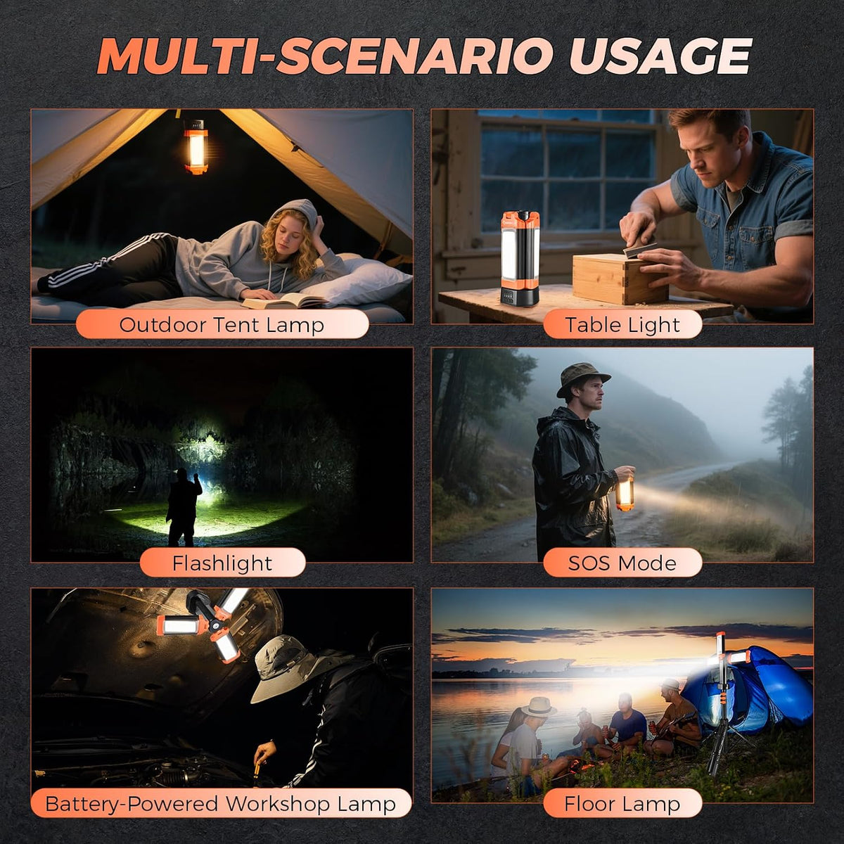 Lámpara SakerPlus Luz de campamento portátil con soporte, luz de trabajo al aire libre de 20000 mAh, 800-3200 lúmenes, altura de 6.1 pies con trípode desmontable, LED regulable de 3300 a 6500 K, linterna de